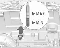 Verzorging van de auto 233 Wanneer het motoroliepeil tot het merkteken MIN is gedaald, dan motorolie bijvullen.