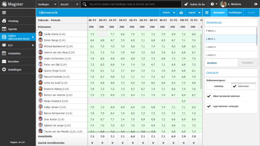 CIJFEROVERZICHT IN MAGISTER WEB 6 Met één druk op de knop krijg je het voortschrijdend gemiddelde van alle leerlingen. Hiermee krijg je direct inzicht in hoe de leerlingen er op dit moment voor staan.