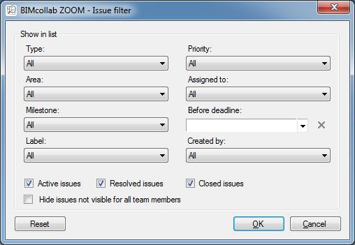 27 / 31 Figuur 25: BIMcollab ZOOM - Connect Stap 3. Filters aanpassen: Druk op om het BIMcollab ZOOM Issue filter venster te openen. Zorg dat het venster eruit ziet zoals in Figuur 26.