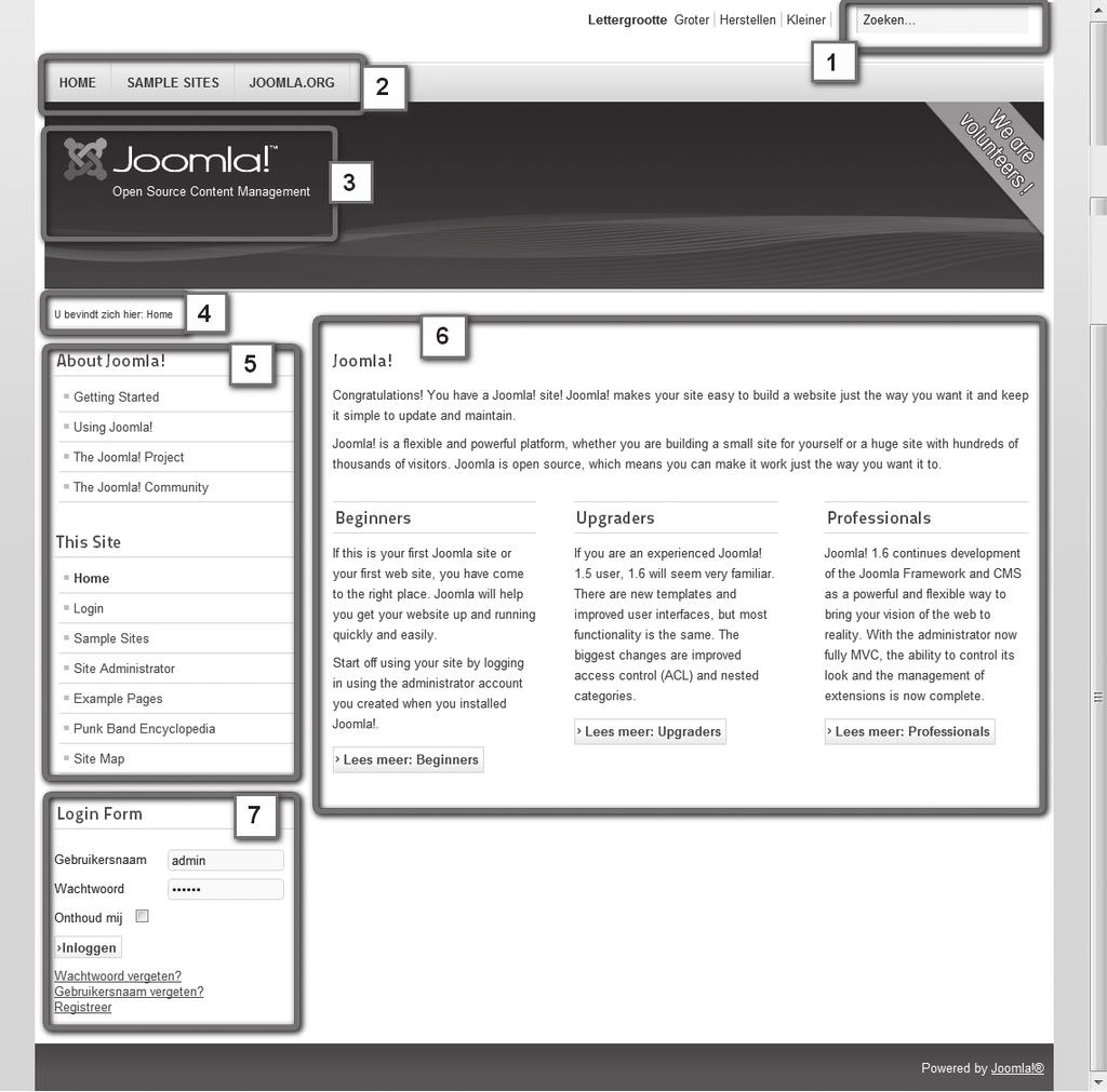 1 Een cms, hoe werkt dat? 1.4.1 Wat is de frontend? De frontend bereik je via het webadres van de site, bijvoorbeeld www.mijnsite.nl.