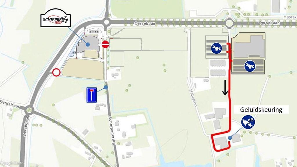 Routing Rallyauto t.b.v. Technische keuringen Vanaf het Centrale Serviceterrein wordt de wedstrijdauto via de rode lijn naar de geluidskeuring gereden. Adres staat in hoofdstuk 9 van de rallygids.