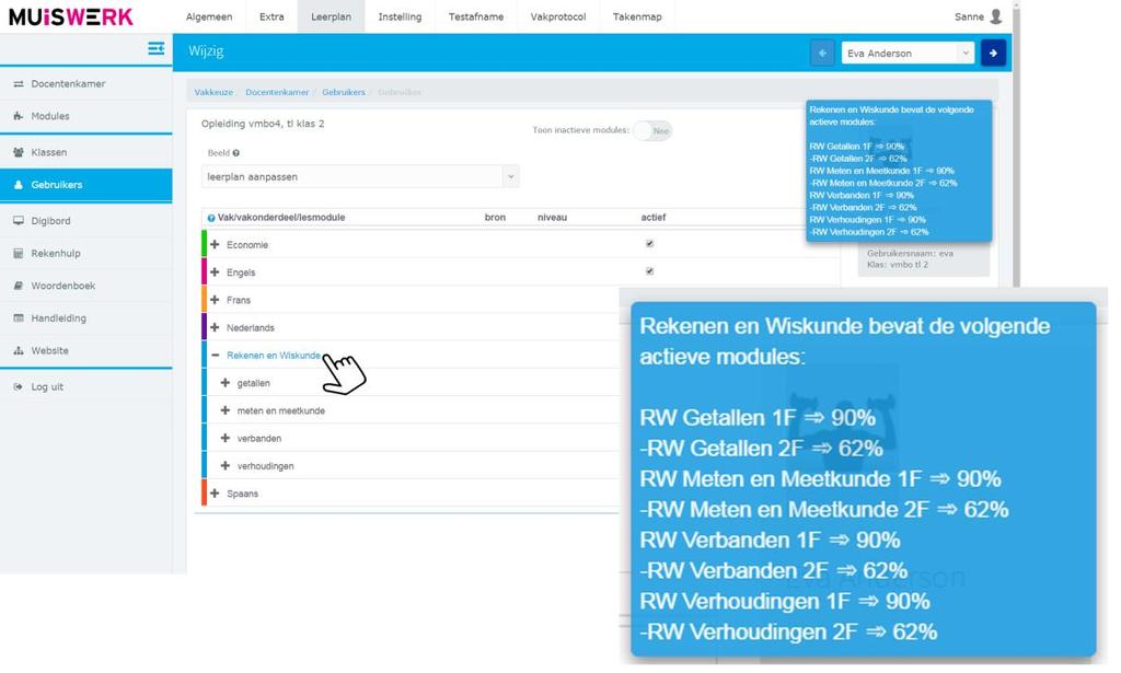 voorstelt staat achter iedere module. Modules die initieel verborgen blijven voor de leerling tot de bovenliggende module gehaald is zijn te herkennen aan het streepje voor hun naam.