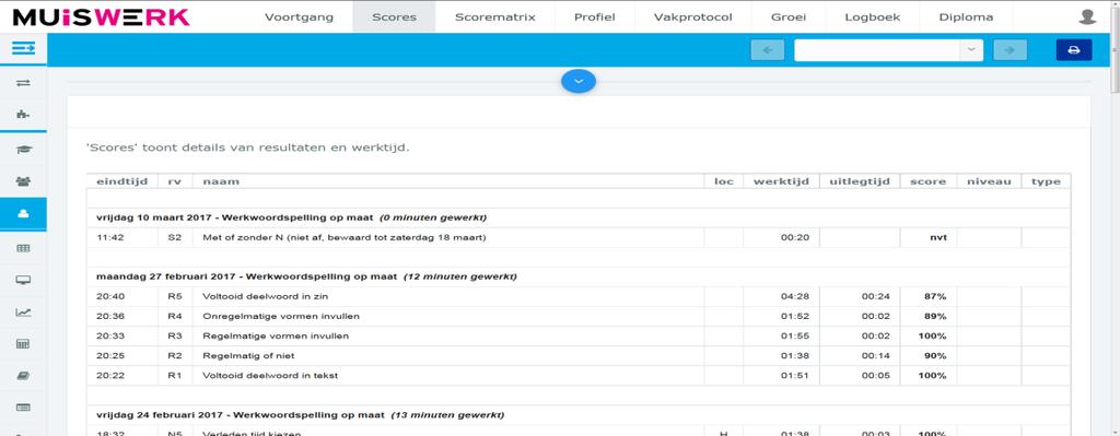 18.2 Individuele scores Start Muiswerk Online en log in als docent. Ga naar GEBRUIKERS en selecteer een leerling. De knop RESULTATEN komt tevoorschijn, klik daar op.