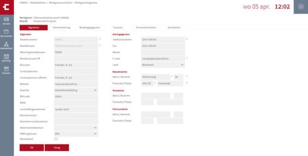 Werkgever gegevens Adresgegevens Bij de menuoptie Relatiebeheer opent u nu het Werkgeversoverzicht. Wanneer u dit doet, opent u meteen de lijst met algemene gegevens over uw bedrijf.
