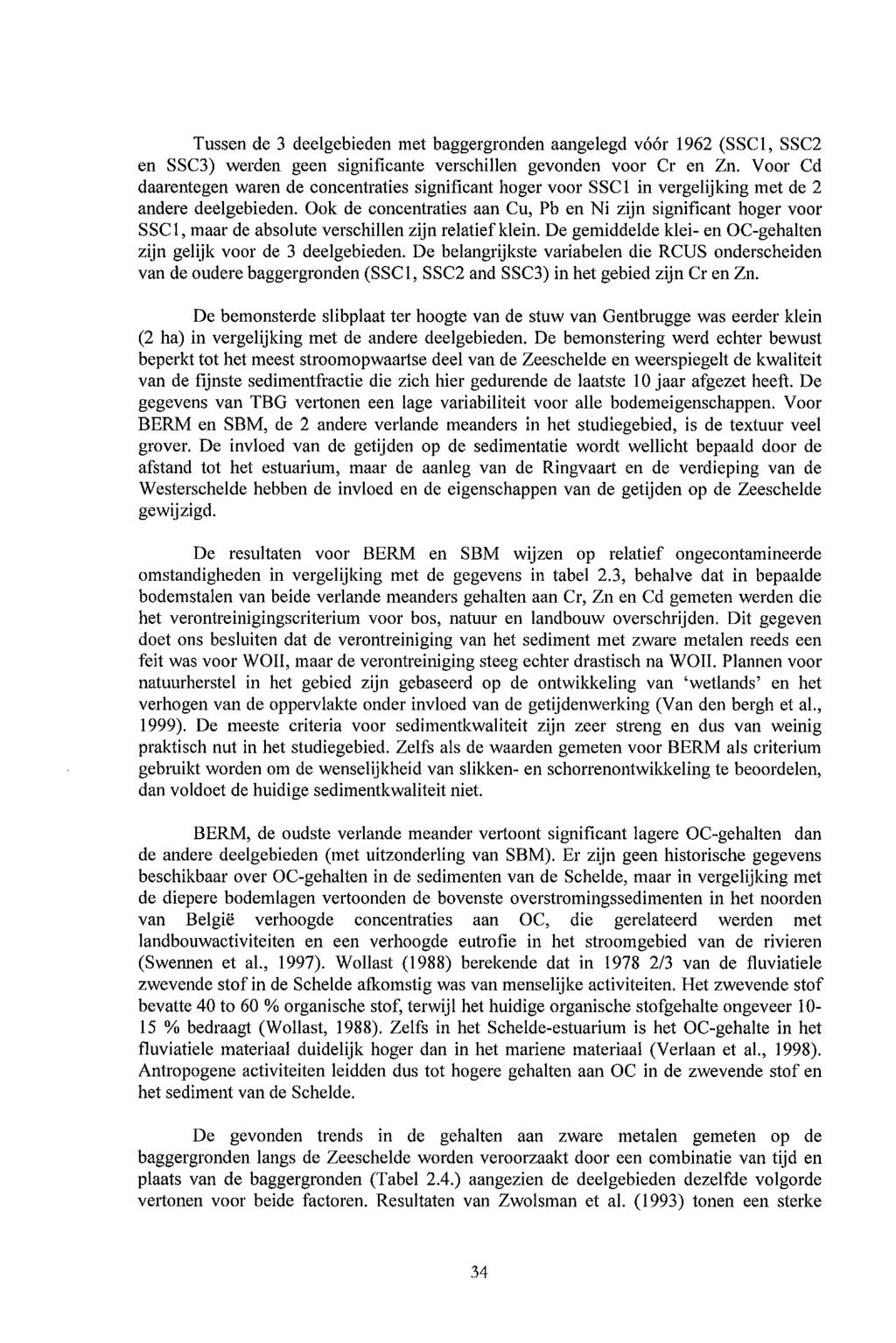 Tussen de 3 deelgebieden met baggergronden aangelegd vóór 1962 (SSC, SSC2 en SSC3) werden geen significante verschillen gevonden voor Cr en Zn.