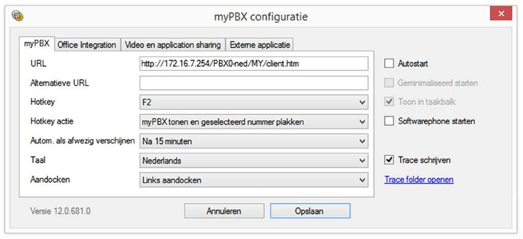 Tab: mypbx URL: Dit is het IP-adres van de innovaphone PBX. Vraag uw beheerder als u hier wijzigingen wilt maken.