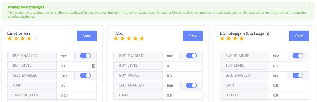 Klik boven in het menu op Strategies, onderstaand scherm verschijnt. Wij gebruiken in deze handleiding de strategie BB Stepgain (bbstepgain).