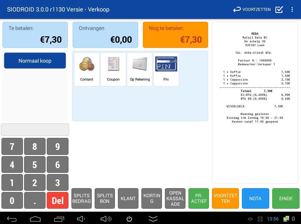 3.0 Afrekenscherm Helemaal rechts onderin het scherm ziet de toets om naar het afrekenscherm te gaan In dit afrekenscherm kunt u verscheidene afrekentoetsen selecteren zoals contant, pin, oprekening,