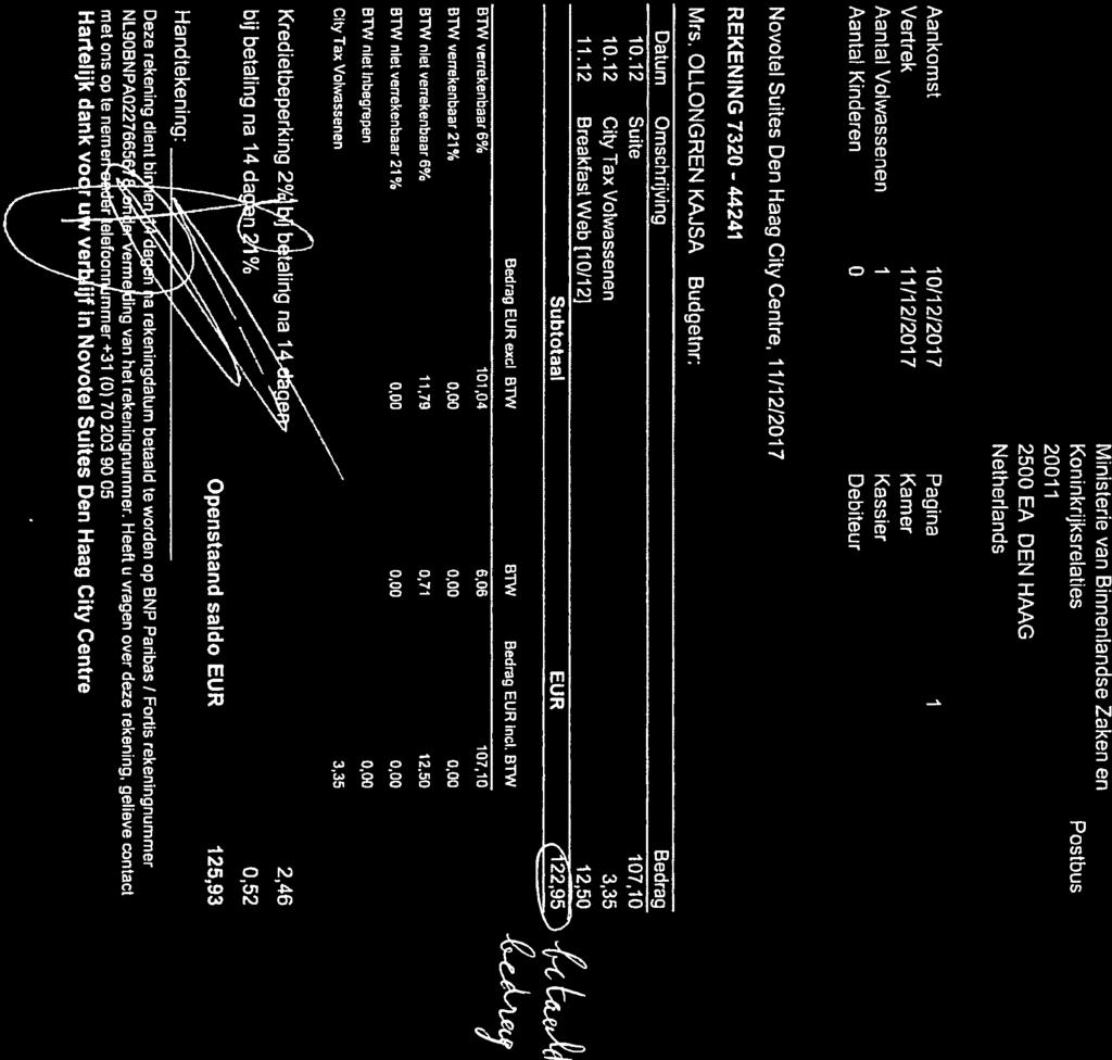 NOVOTEL SUITES DEN HAAG C(T r CENTRE Ministerie van Binnenlandse Zaken en Koninkrijksrelaties 20011 2500 EA DEN HMG Netherlands Postbus Aankomst 10/12/2017 Pagina 1 Vertrek