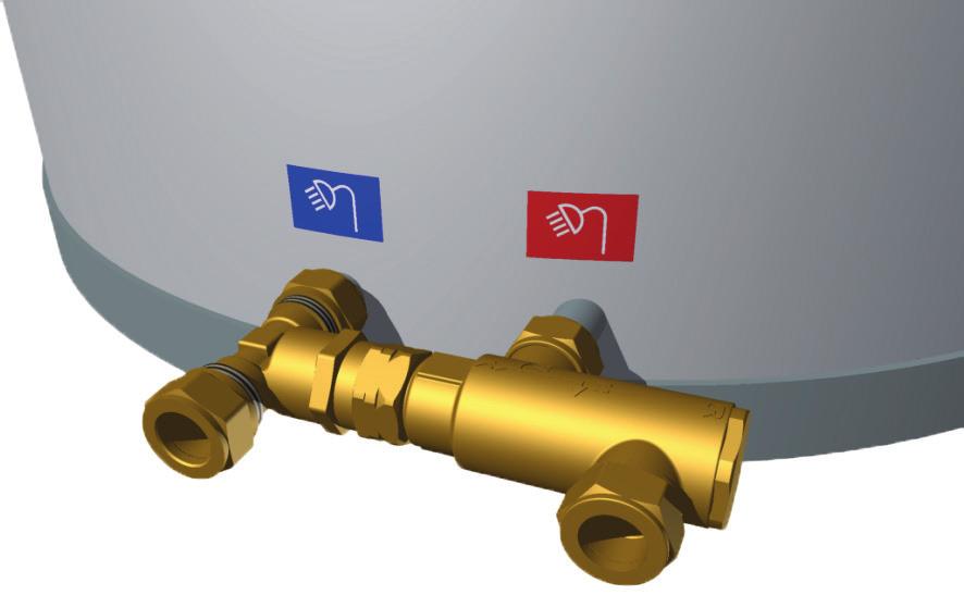 V5.0 Koud water (±15 C) Verwarmd water (tot 85 C) Koud water (±15 C) Gemengd water (tot ±65 C) De temperatuur in het voorraadvat kan oplopen tot 85 C, de plaatsing van een mengventiel is daarom