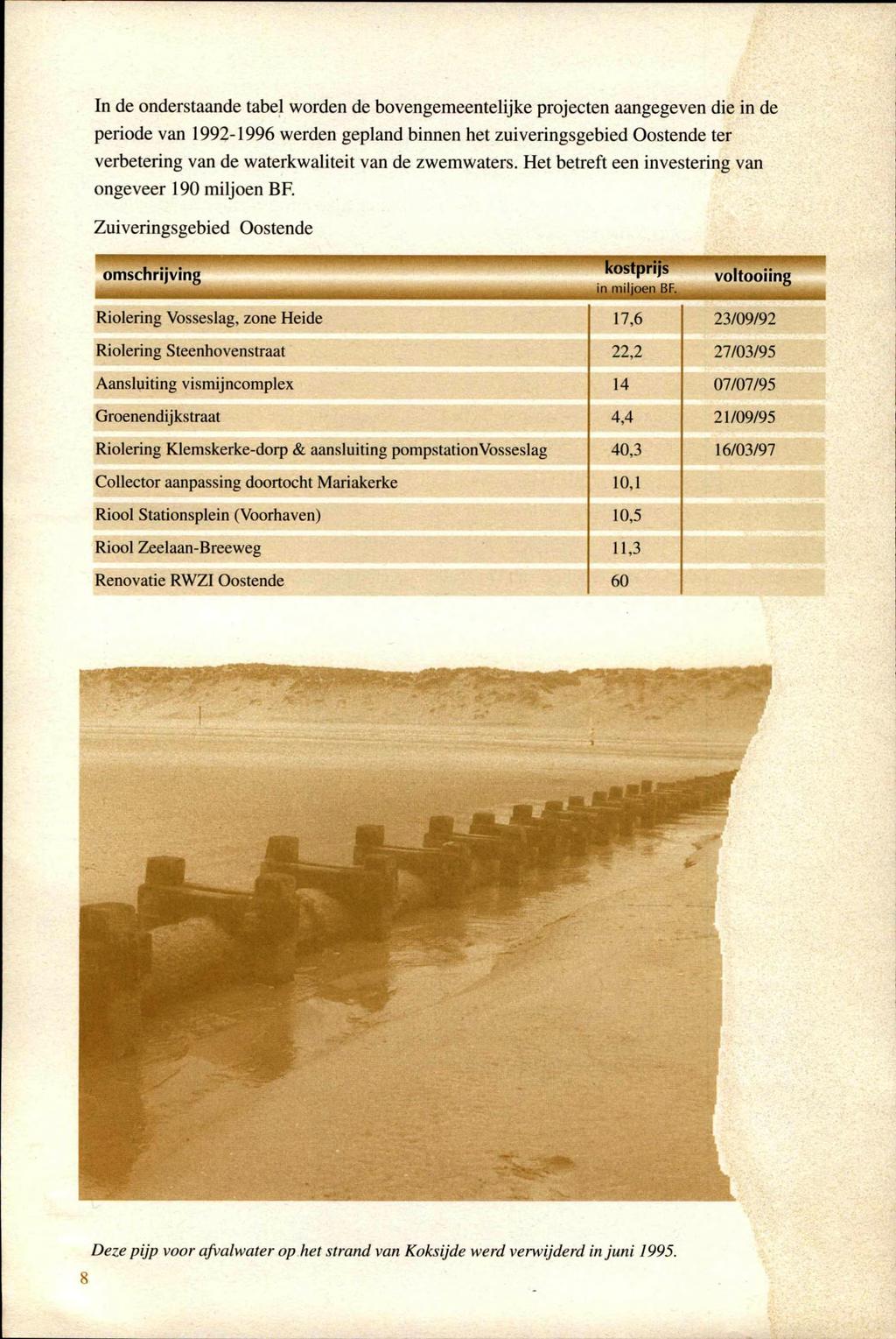 In de onderstaande tabel worden de bovengemeentelijke projecten aangegeven die in de periode van 1992-1996 werden gepland binnen het zuiveringsgebied Oostende ter verbetering van de waterkwaliteit