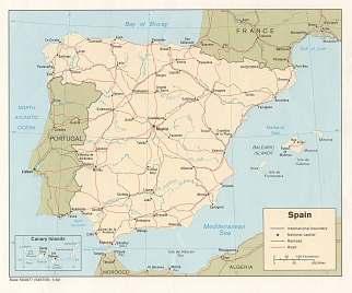 Het Iberisch Schiereiland, gevormd door Spanje en Portugal, wordt in het noorden door de Pyreneeën van Frankrijk en Andorra gescheiden, en verder aan alle kanten door water omringd.