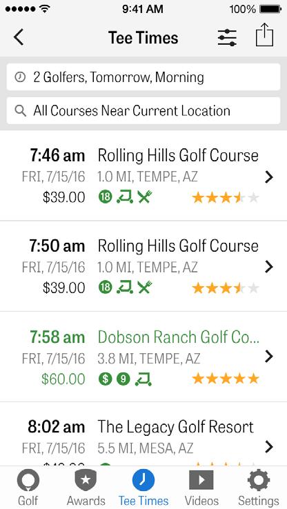 GOLFNOW TEE-TIJDEN Je kunt in-app GolfNow tee-tijden zoeken en boeken met exclusieve kortingen voor Golfshot leden.