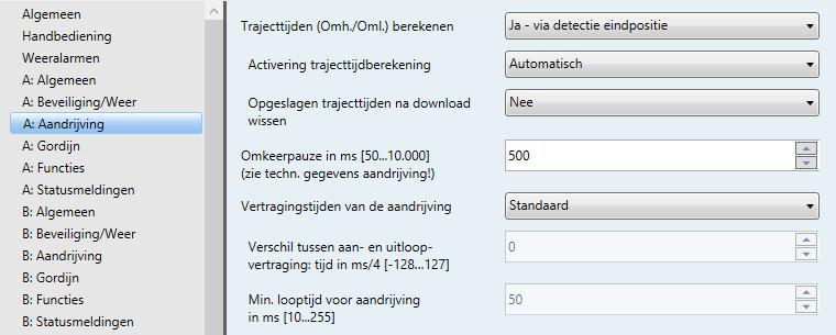 ABB i-bus KNX 3.2.5.2 Parametervenster A: Aandrijving Trajecttijden (Omh./Oml.