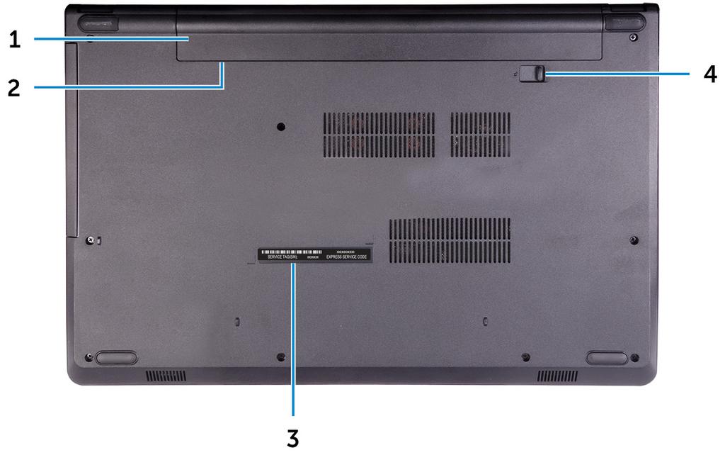 3 Microphone Provides digital sound input for audio recording, voice calls, and so on. Achterzijde 1 Battery Supplies power to the computer.