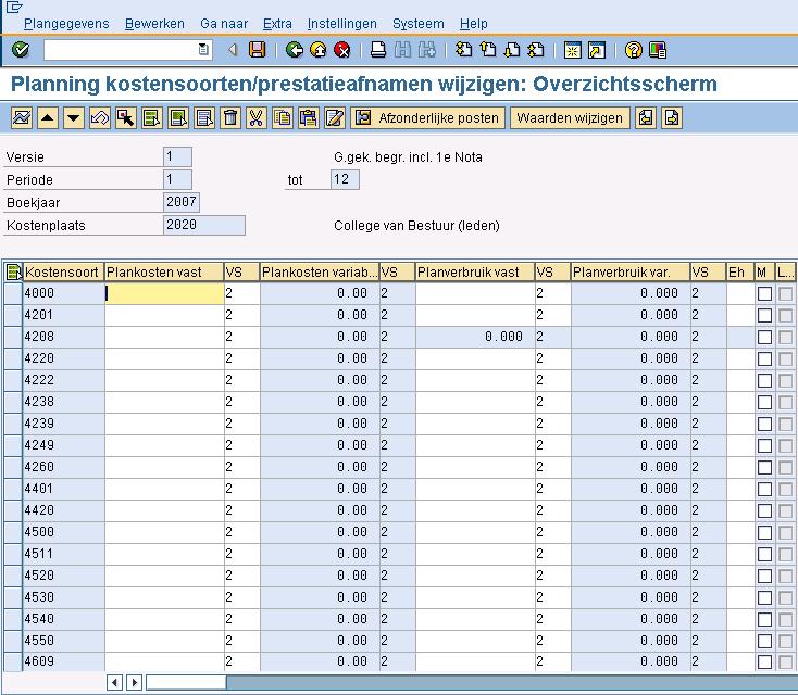 Hierbij kan per kostensoort een jaarbedrag worden ingevoerd dat evenredig over het aantal maanden wordt verdeeld. Er wordt per kostenplaats gepland.