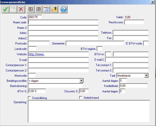 U komt dan in het venster terecht waarin u de nieuwe klant/leverancier dient aan te