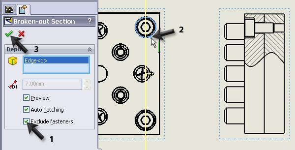 15 1. Zorg dat in de PropertyManager de drie opties onderaan (Preview, Auto hatching en Excude fasteners) alle drie aangevinkt staan. 2.