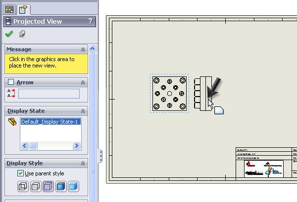 7 Nadat je het aanzicht geplaatst hebt, start Solid- Works automatisch het commando Projected View. Klik naast het bovenaanzicht om een zijaanzicht te plaatsen.