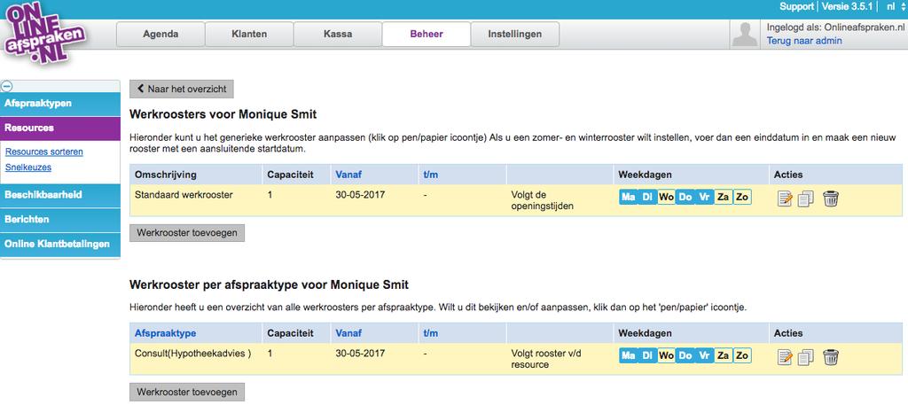 Indien gewenst kun je ook het werkrooster van het afspraaktype, dat gekoppeld is aan de
