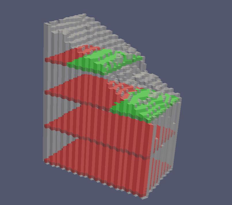 het tellen van het aantal Voxels waaruit het model is opgebouwd. In de afbeelding hiernaast is het 3D-model van een individuele woning weergegeven.