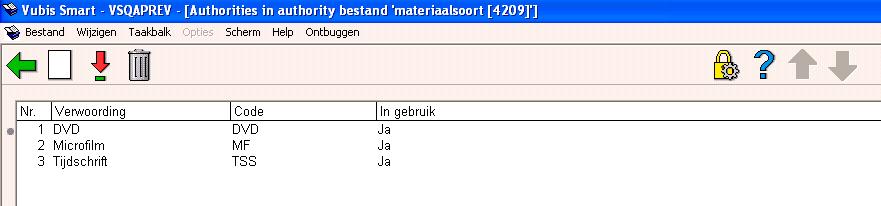 - frequentie codes UNIMARC - publicatie regelmaat codes Voorbeeld van een authoritylijst welke door de bibliotheek zelf aan te passen is is Materiaalsoort.