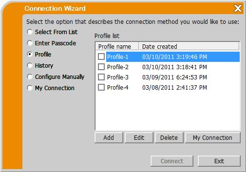 4.5.3 Bewerken profielgevens Selecteer Profile (Profiel) en kies vervolgens één van de profielen uit het LiveViewer verbindingsmethodemenu. Klik op [Edit].