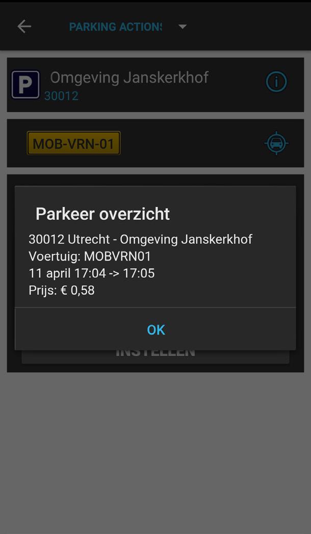 Als u de parkeeractie wilt stoppen, drukt u op stop. Als u op stop drukt ontvangt u een duidelijk overzicht van uw gestopte parkeeractie.