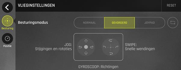 Begrenzing Met de optie Maximale hellingshoek kun je de maximale hellingshoek van de drone instellen. Hoe hoger de graden, deste sneller de kanteling van de drone.