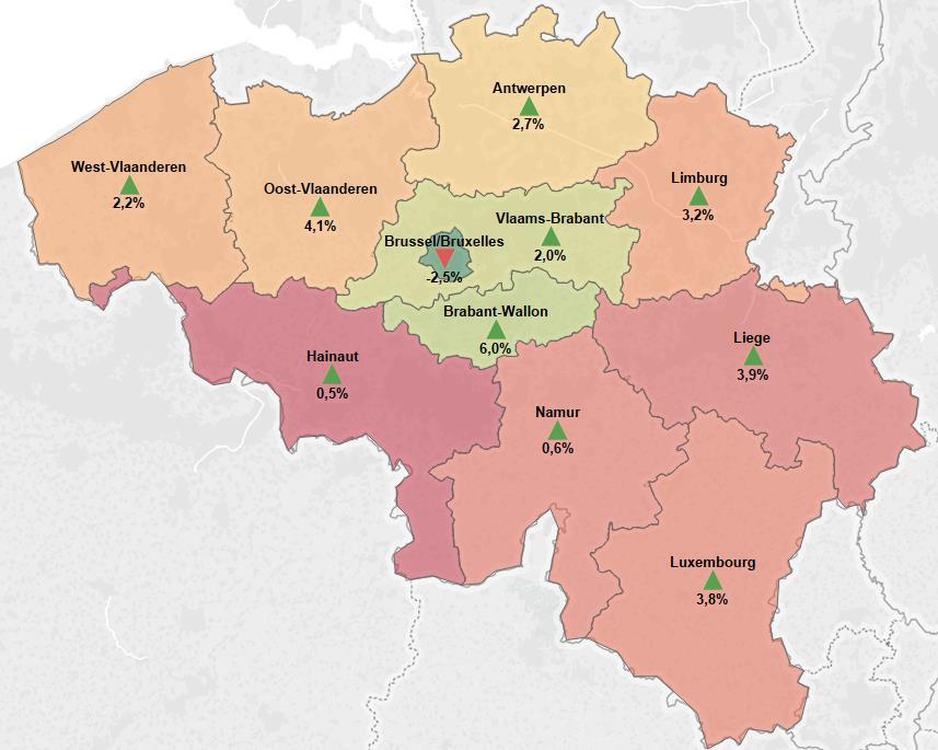 16 Gemiddelde prijzen van woonhuizen Provinciale analyse Onderstaande kaart geeft een overzicht van de evolutie van de gemiddelde huizen in 2017 ten opzichte van vorig jaar in alle provincies De