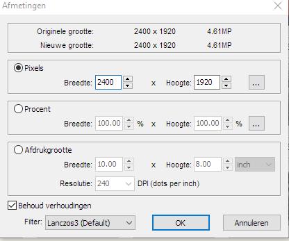 Wijziging afmetingen afbeelding 1. Zorg dat eerst de afbeeldin(gen) zijn geselecteerd welke u wilt aan passen in grootte. 2.