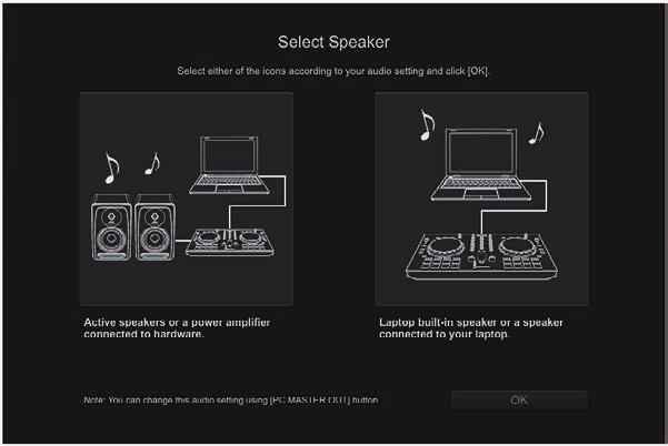 Stel de audio in Start rekordbox om [Luidspreker selecteren] weer te geven terwijl dit toestel is aangesloten. Selecteer een van de opties voor uw audio-omgeving en klik op [OK].