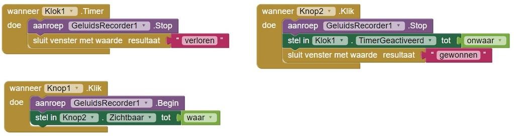 Een Minigame maken 9 Vanuit de Klok blokken pak je het wanneer [Klok].Timer blok. Hier stop je het blok sluit venster met waarde resultaat in met een Tekstblok "verloren".