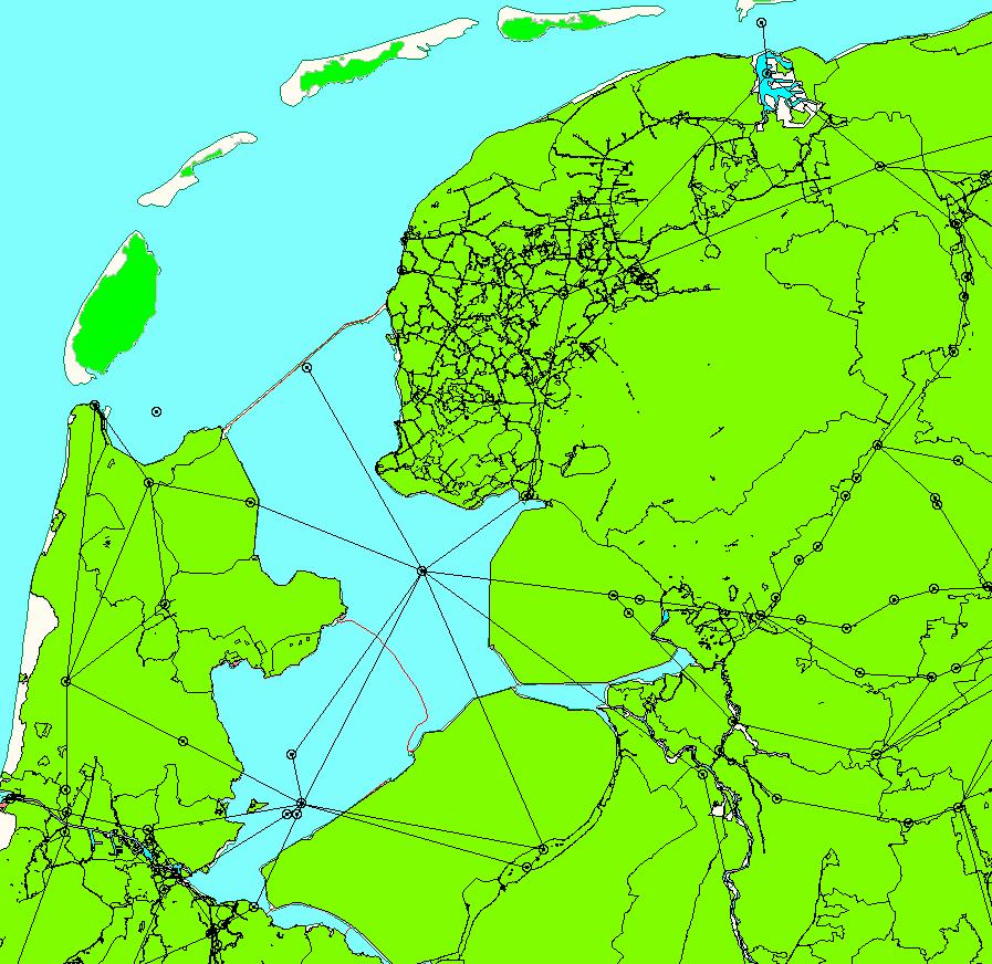 Figuur 2.25 Schematisatie IJsselmeergebied en Friesland in NHI 2.1(links) en NHI 2.2 (rechts). Twentekanaal Bij de toetsing van NHI 2.1. bleek het bij Eefde aangevoerde debiet naar het Twentekanaal in het model veel lager dan de gemeten aanvoer in 2003.