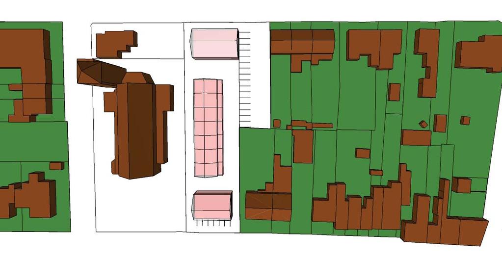 Voorstel tot maximum gabarit nieuwe woonontwikkeling: * Maximum 2 bouwlagen + dakvolume op de volledige site * Maximum 3 bouwlagen + dakvolume op de koppen