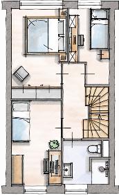 Eerste verdieping Praktisch 1 (tekening V-422c) - drie praktische slaapkamers - badkamer aan de voorzijde - loze leiding in de