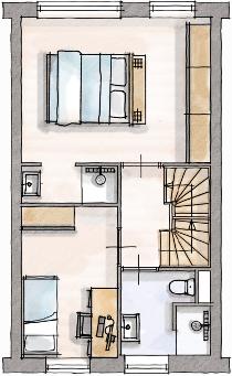 059 Hotelsuite 3 (tekening V-422b) - extra grote master bedroom - scheidingswand in master bedroom met ruimte voor kastopstelling - 2e badkamer en-suite grenzend aan master bedroom - 2e badkamer