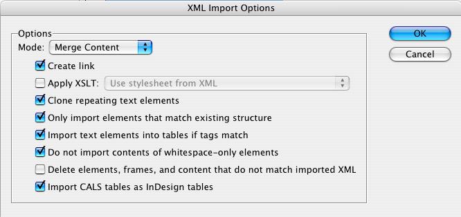 Wanneer de XML Import Options verschijnen MOETEN de volgende opties zeker aangevinkt staan: Only import elements