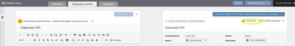 Door middel van de functionaliteit Vergelijk met de vorige versie van de content provider kunt u heel eenvoudig het actuele wijzigingsvoorstel van Novak vergelijken met de vorige versie van Novak.