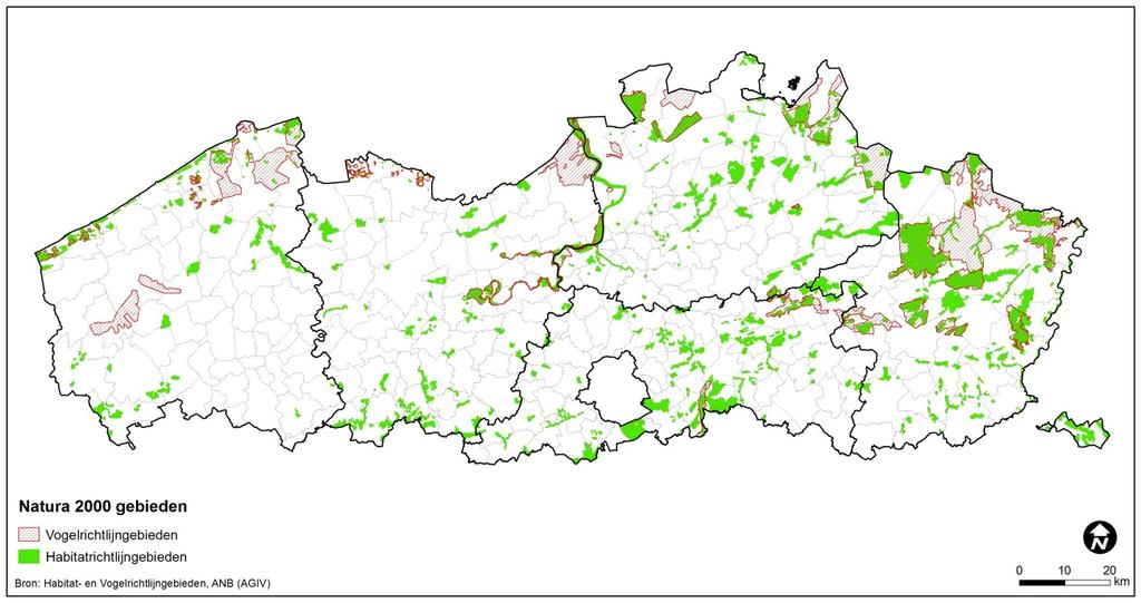 Figuur 3 In Vlaanderen afgebakende vogel- en habitatrichtlijngebieden In Vlaanderen heeft de decreetgever met het decreet van 19 juli 2002 houdende wijziging van o.a. het Decreet Natuurbehoud in hoofdzaak beoogd om de voornoemde richtlijnen om te zetten.