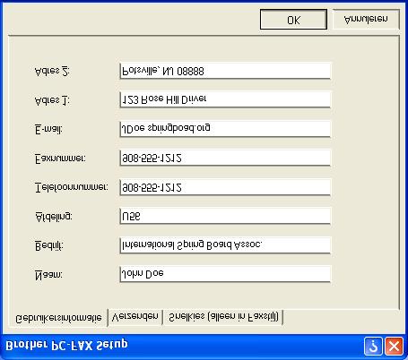 Gebruikersinformatie instellen U opent de gebruikersinformatie in het dialoogvenster Brother PC-Fax Setup door te klikken op. (Raadpleeg Bestand verzenden als PC-Fax met faxstijl op pagina 17-16.