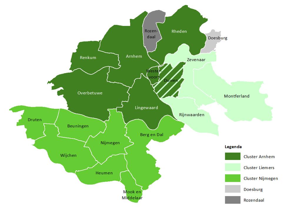 Door clusters te benoemen van gemeenten met de sterkste verhuisrelaties, kunnen samenhangende woningmarktgebieden binnen de regio worden benoemd. Onderstaande kaart laat deze samenhang zien. Figuur 3.