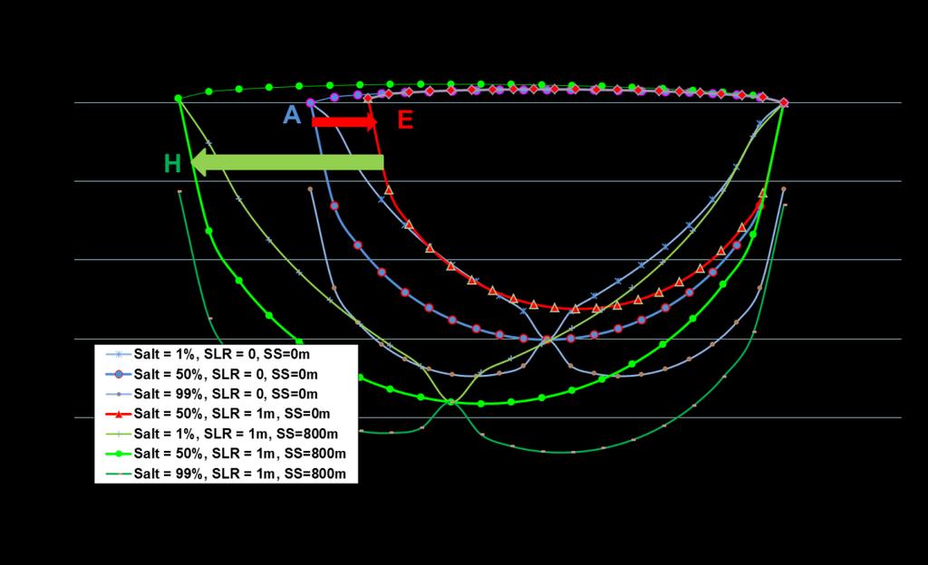 Figuur 7.6. Berekende vorm van de zoetwaterlens ter hoogte van het Groote Vlak op Texel voor scenario A, E en H, in een W-O profiel.
