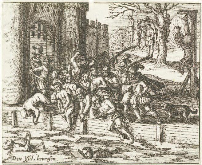 Wreede Moort tot Zutphen Moordpartij door de Spanjaarden onder Don Frederik te Zutphen, 16 november 1572. Inwoners worden geboeid in het bevroren water van de IJssel gegooid.
