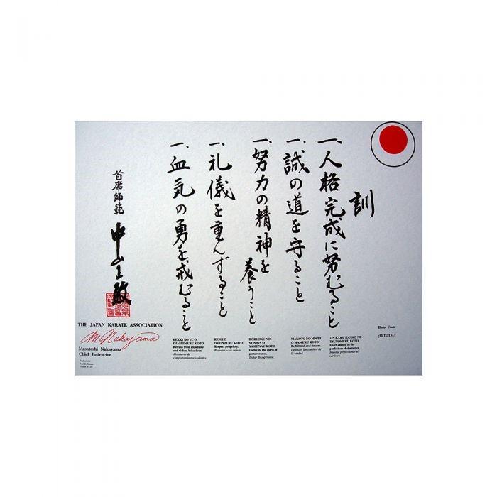 MEERWAARDE KARATE - DOJOKUN De Japanse meesters schreven de «dojokun» om hun leerlingen te herinneren aan de juiste attitude (ingesteldheid), de juiste geestesgesteldheid en de waarden die ze dienen