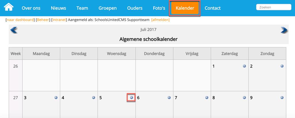 Kalender handmatig vullen Om de kalender te bewerken, ga je aan de voorkant van de website via de menubalk naar de kalender toe.