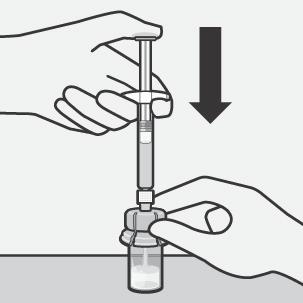 Stap 2 Bereiding van de microsferen Spuit het oplosmiddel in de injectieflacon Spuit de hele inhoud van de spuit met het