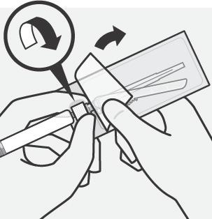 Bevestig de naald Trek het blisterzakje gedeeltelijk open en gebruik het om de naald bij de basis vast te pakken, zoals