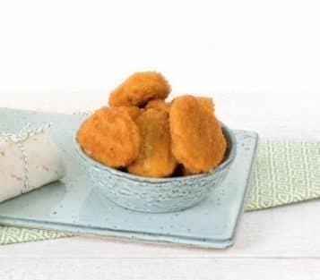 Nuggets Knapperige Nuggets op basis van erwten- en tarwe-eiwit. Dit product heeft een structuur als kip en is een lekkere vegetarische snack. Een Nugget weegt 20 gram.