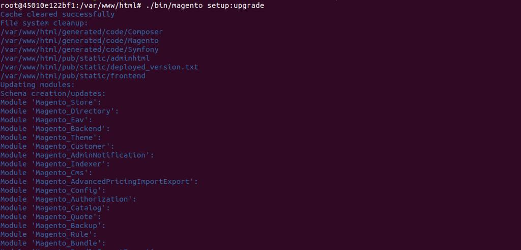 Upgrade de database met het commando: $./bin/magento setup:upgrade Voorbeeld: Compileer de set-up om de installatie af te ronden $.